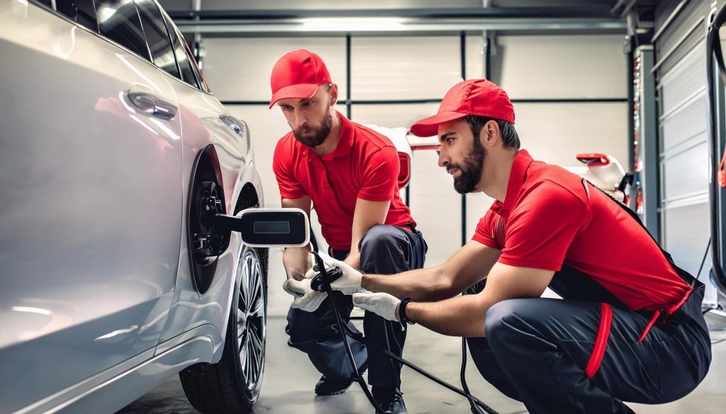 personas arreglando auto