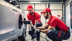 personas arreglando auto